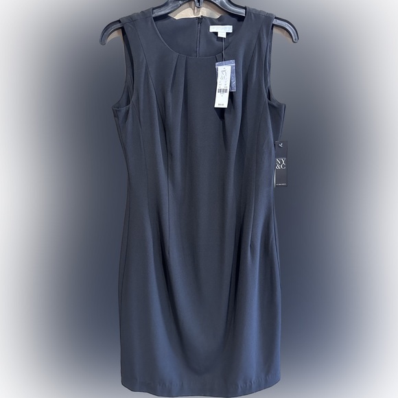 NWT New York & Company Women's Size 4 Black Sheath Dress Pleated Neck ($69.95) - Picture 2 of 14